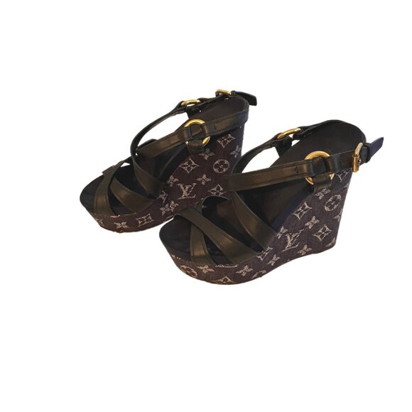 Louis Vuitton Navy Blue LV Monogram Denim & Leather Wedge Sandals Size 36/US 6 - Picture 9 of 13